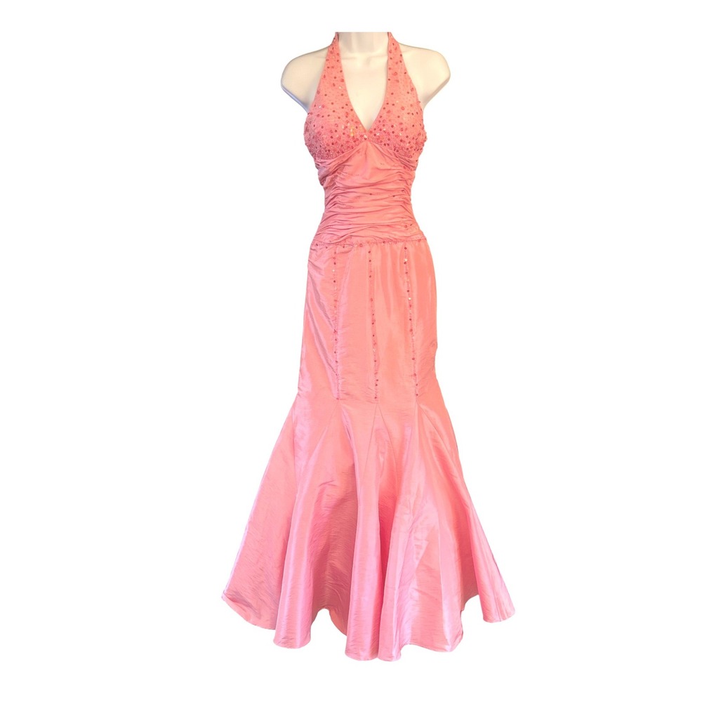 Vintage Demetrios Mermaid Gown Barbiecore Mermaidcore Pink Sequin Halter Dress 6